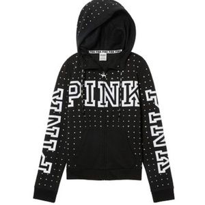 PINK VS RHINESTONE BLING PULLOVER FULL ZIP HOODIE Black XS